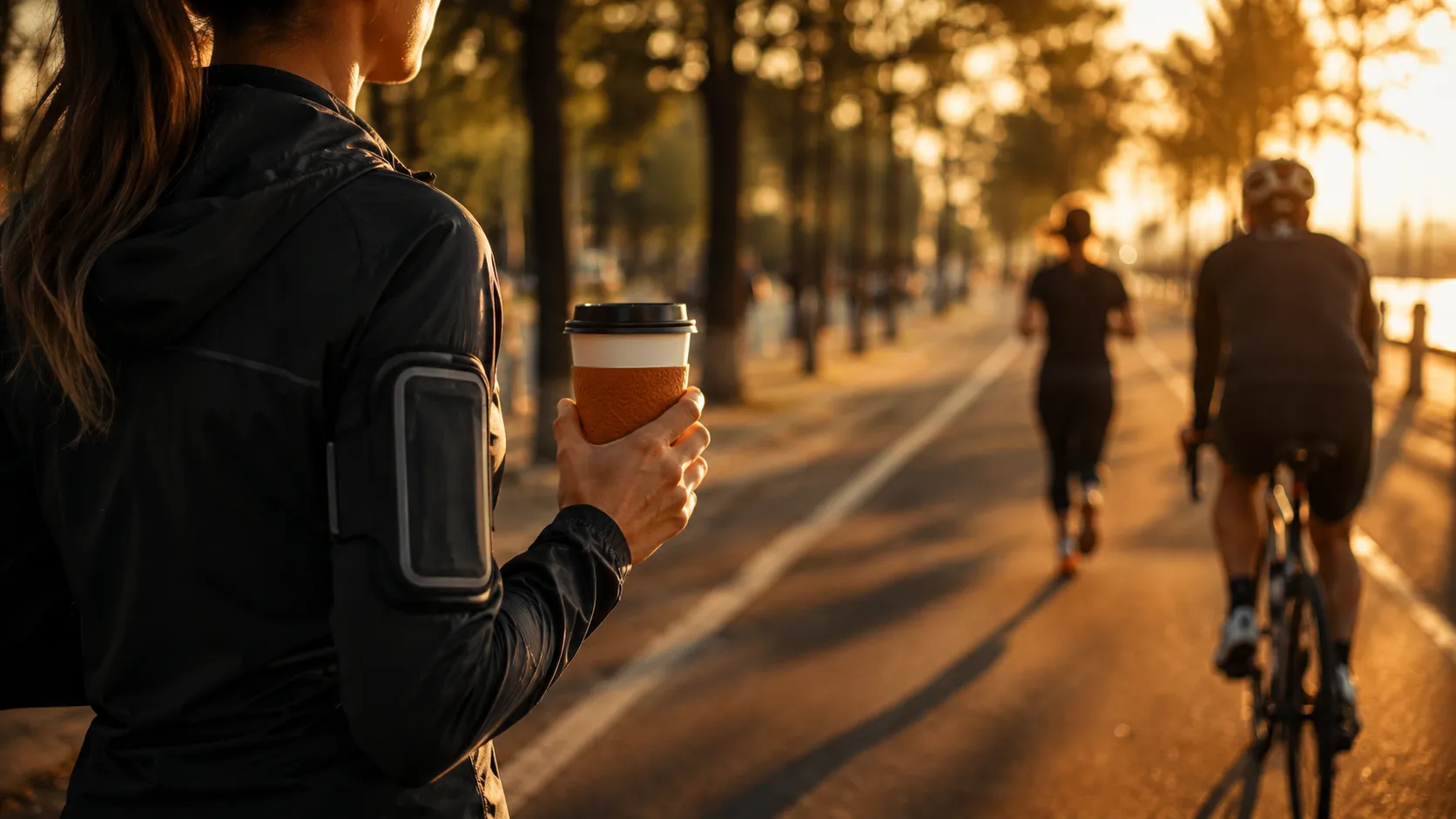 Persona con un estilo de vida activo disfrutando un café para llevar.