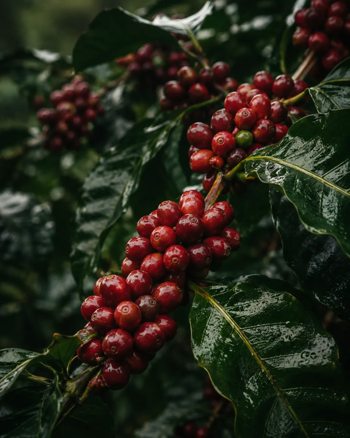 Cerezas de café maduras y brillantes en la rama de un cafeto.