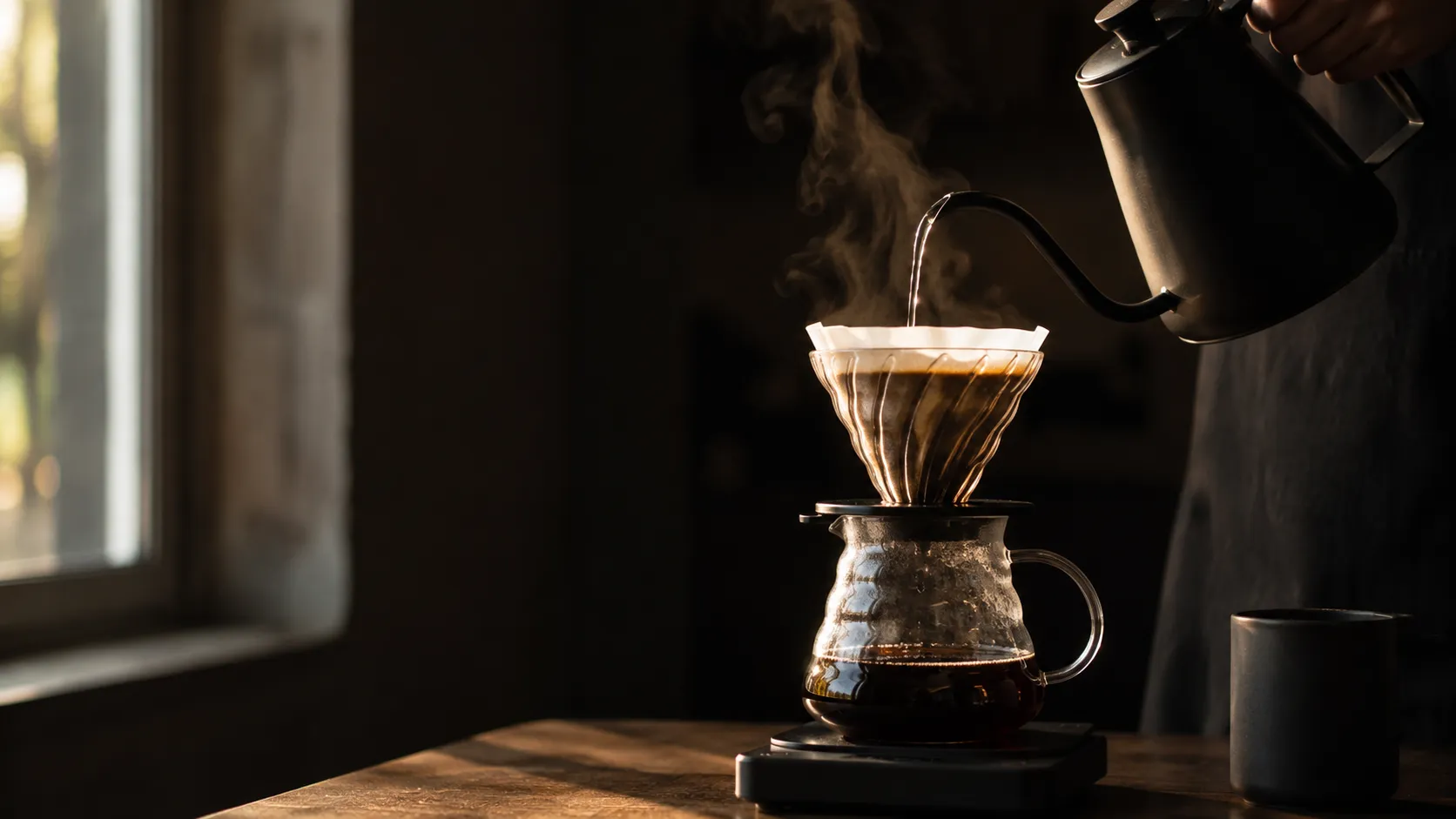 Preparación de café por goteo en un método de filtrado.