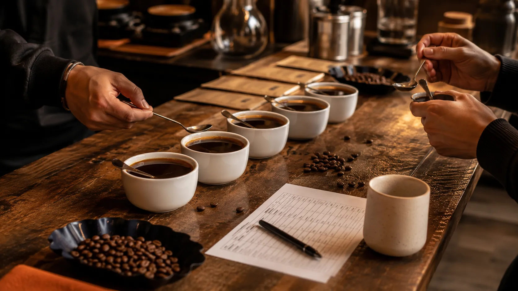 Personas catando y comparando tazas de café sobre una mesa.